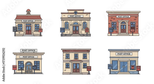 Post Office Building Collection in Flat Line Art Style.
