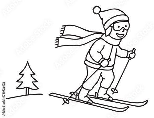 Young child in winter clothing skiing downhill, wearing a beanie and scarf, holding ski poles with a smiling expression.