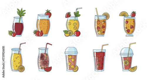 Set of various fresh fruit juices and smoothies in glasses and cups.