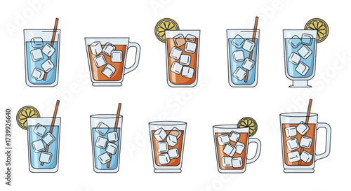 Set of assorted cold drinks in glasses with ice cubes and straws.