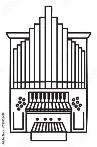 Black outline icon of a large pipe organ with multiple vertical pipes and a detailed keyboard section.