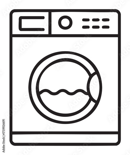 Black outline vector icon of a front-loading washing machine with a circular door and simple control panel. illustration for household appliances and laundry concepts.
