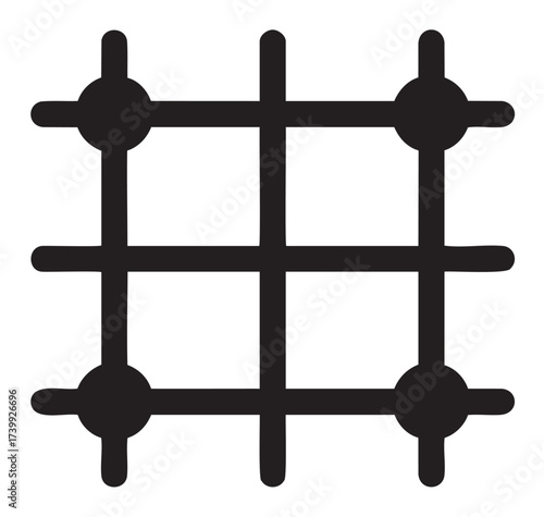 Black outline icon of a simple tic-tac-toe board with intersecting lines and circular points, ideal for game and leisure concepts.