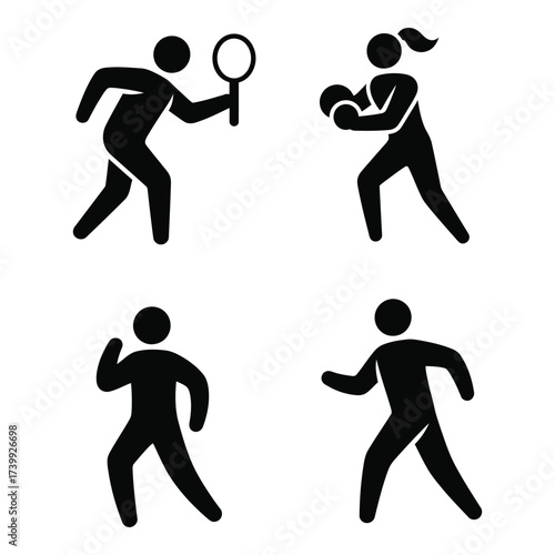 Four silhouetted figures engaged in sports and activities representing movement and healthy lifestyle for general use silhouette