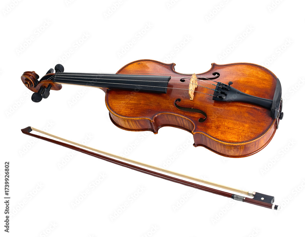 Fototapeta premium An elegant wooden string instrument and bow sit against a stark black background