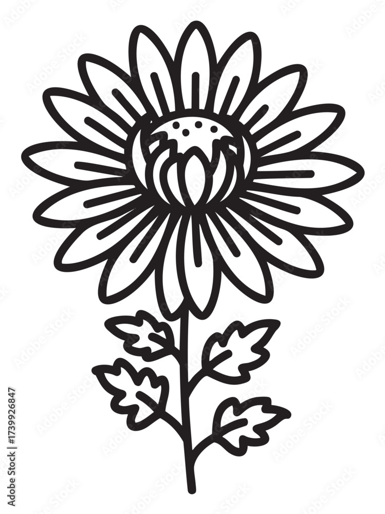 Obraz premium Black outline drawing of a single sunflower with detailed petals and simple leaves, showcasing a minimal linear style.