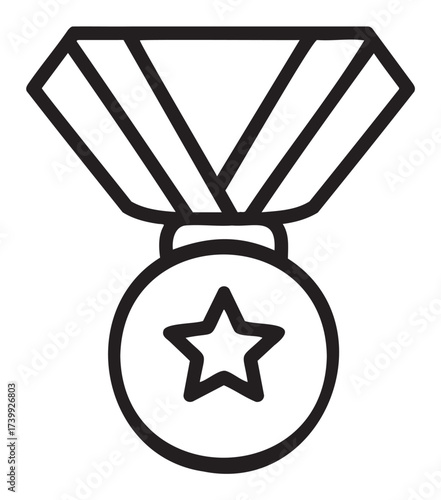 Black outline vector icon of a medal with a star in the center, suspended from a striped ribbon, symbolizing achievement and recognition.