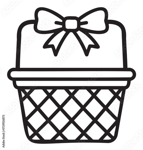 Black outline vector icon of a gift basket with a crisscross pattern and a decorative bow on top.