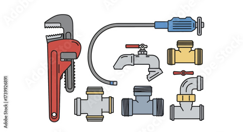 Colorful vector set of plumbing tools and pipe fittings.