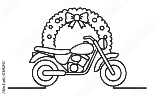 Black outline vector icon of a motorcycle adorned with a decorative wreath and bow, symbolizing holiday celebration or special occasion.