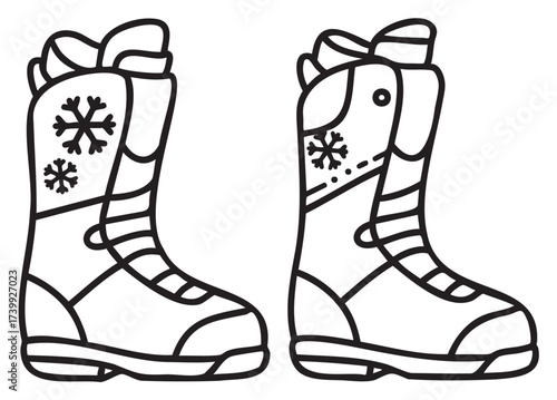 Black outline of a pair of snowboarding boots with snowflake details and a lace-up design, viewed from the side.