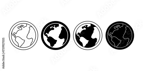 Black globe icon in solid fill and stroke outline style. Great for international travel, global communication, worldwide tourism, geography, and education.