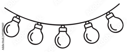 Outline sketch of a string of hanging incandescent light bulbs, evenly spaced and oriented downwards, connected by a curved line.