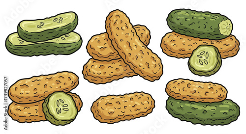 Set of cartoon fried pickles and fresh cucumbers.