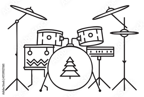Black outline drawing of a five-piece drum set with cymbals, featuring a tree design on the bass drum, ideal for musical themes and instrument concepts.