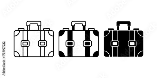 Minimalist suitcase icon in black fill and outline style. Perfect for travel, holiday, airport, business trip, luggage design, and tourism concepts.