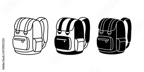 Black travel backpack icon in solid and outline style. Ideal for hiking, camping, mountain climbing, adventure, trip design, and tourism vector elements.
