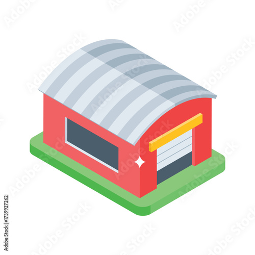 Trendy Isometric warehouse building icon for logistics and storage operations.