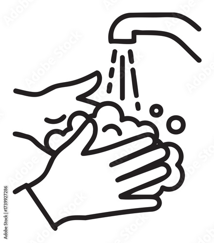 Black outline icon of hands washing with soap under a running faucet, emphasizing cleanliness and hygiene.