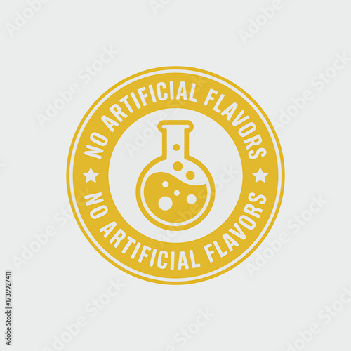 No Artificial Flavors Yellow Badge with Laboratory Flask Symbol Promoting Natural Ingredients and Healthy Food Choices
