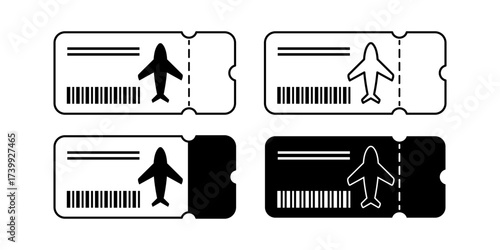 Boarding pass black icon with solid and outline design. Ideal for airline ticket, airport check-in, travel booking, flight pass, trip design, and tourism elements.