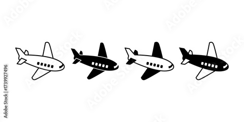 Minimalist airplane black icon in solid and outline style. Perfect for travel, aviation, airport, flight booking, airline service, trip, holiday, tourism, and transportation design elements.