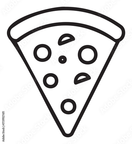 Black outline icon of a simple pizza slice with visible pepperoni and a thick crust, representing fast food and snack concepts.