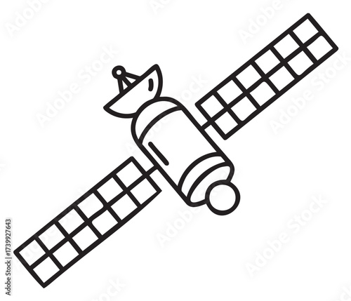 Black outline of a satellite with solar panels extended, featuring a main cylindrical body and attached communication dish.