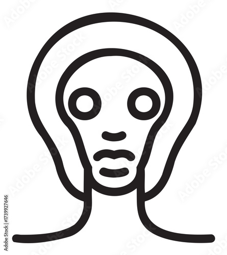 Black outline abstract vector icon of a mask or alien face with large circular eyes and expressionless features.