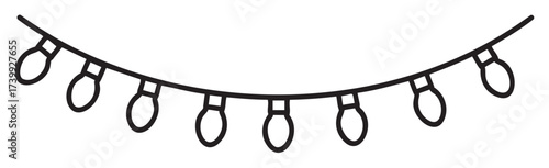 Black outline of a string of nine holiday lights hanging in a curved line. minimal linear design for festive and decorative occasions.