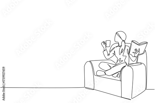 Single continuous line drawing a woman sits on a sofa crossing legs holding a book and a mug. Living a normal life. Fighting pain. National Cancer Survivors Day. One line design vector illustration