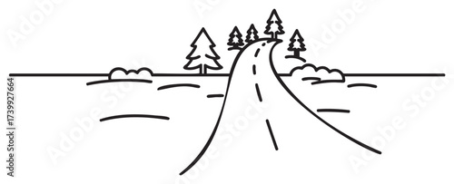 Black outline drawing of a winding road leading to a forested area with trees and bushes on either side.