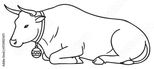 Black outline drawing of a resting cow with a bell around its neck, highlighting its simple yet distinctive features in a minimal linear style.