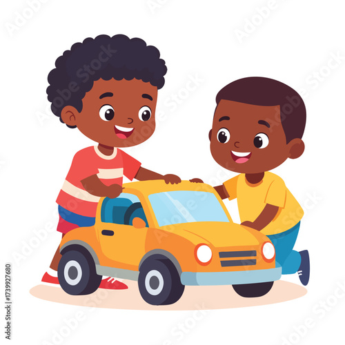 Two young, happy, dark-skinned boys playing with a yellow toy car, pushing it together.