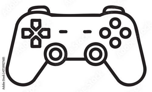 Black outline vector icon of a traditional video game controller with buttons and joysticks shown in a minimal linear design.