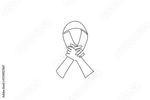 Continuous one line drawing ribbon campaign with hands holding each other in the middle. Symbol of togetherness to strengthen National Cancer Survivors Day. Single line draw design vector illustration