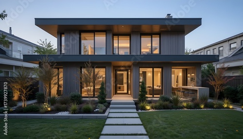 Modern ADU exterior, showcasing sleek design and landscaping, urban design, backyard