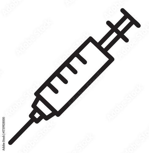 Black outline vector icon of a medical syringe with a plunger and needle, used for injections and vaccinations.
