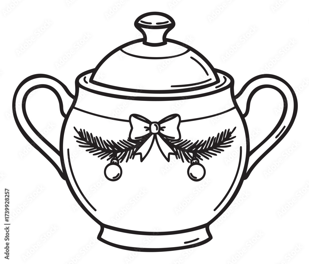 Obraz premium Black outline drawing of a decorative sugar bowl with two handles and a lid, featuring a bow and pine branch motif for festive occasions.