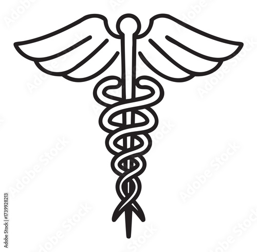 Black outline icon of the caduceus symbol, featuring two snakes entwined around a winged staff, representing medicine and health.