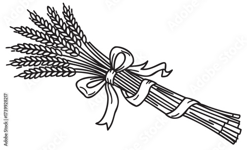 Black outline drawing of a tied bundle of wheat stalks with a decorative ribbon wrapped around it.