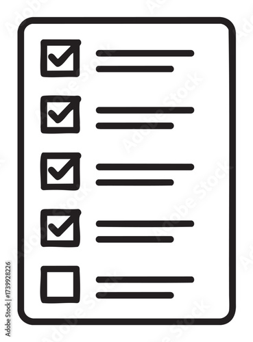Black outline vector icon of a checklist with multiple items, some with checkmarks and one unchecked box, representing tasks or goals.