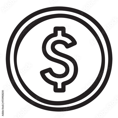 Black outline icon of a circular coin with a prominent dollar sign in the center symbolizing currency or financial concepts.