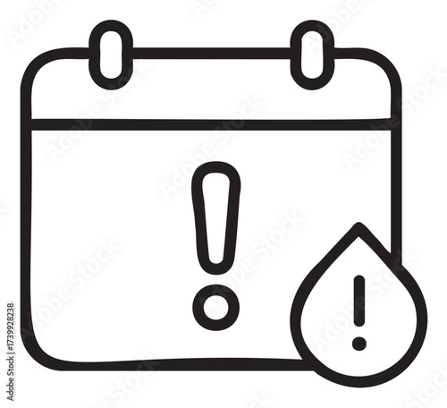 Black outline icon of a calendar with an exclamation mark and a water droplet, indicating an important date or reminder with potential weather implications.