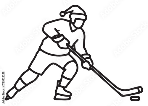 Black outline of a hockey player wearing a santa hat, handling a stick and puck with dynamic motion.