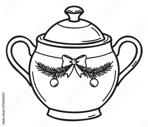 Black outline drawing of a decorative sugar bowl with two handles and a lid, featuring a bow and pine branch motif for festive occasions.