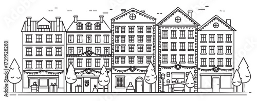 Black and line drawing depicting a row of decorated buildings with festive garlands, showcasing apartment and shopfront windows, framed by stylized trees.