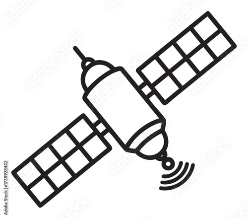 Black outline vector icon of a satellite with two large solar panels and a signal transmitting antenna.