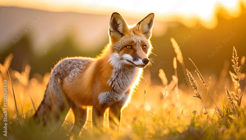 Fototapeta premium Fox Standing in Golden Sunlight in Grassy Field at Sunset