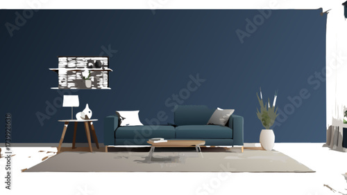 Interior scene depicting a sofa, coffee table, rug, and wall decor against a blue wall backdrop